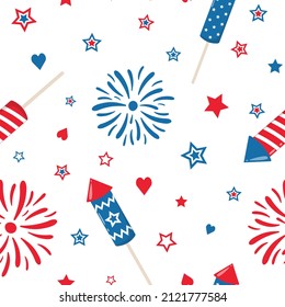 4th Of July Fireworks And Sparklers On A White Background. Independence Day Decoration Party Design. Vector Seamless Pattern.