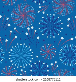 4th of July. Fireworks and Stars Seamless Pattern - Festive exploding fireworks and stars filling the night sky seamless pattern in colors of red, white, blue, and navy blue