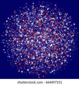 4th of July fireworks vector illustration. American Independence or Presidents Day background with holiday salute of red, blue and white stars on dark. Graphic design template in colors of USA flag.