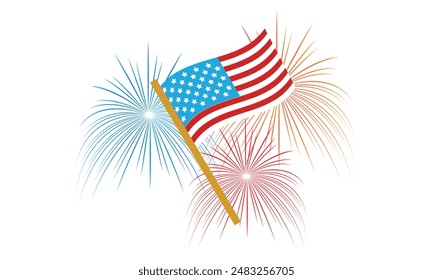 4th of July flag icon with fireworks, vector illustration.