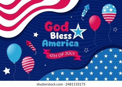 4th of july flat colorful background with balloons and flag