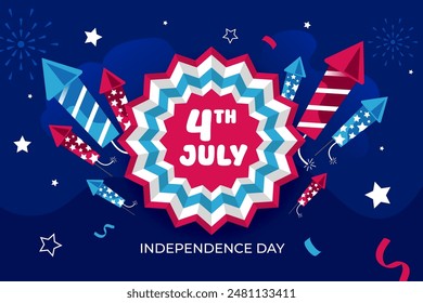 4th of july flat colorful background with balloons and rockets