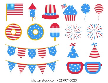 4th of july flat icons set independence day.