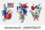 4th of July Flower Design. Independence day Illustrations. US Patriotic colors flower bouquet. US flag design with flowers. 4 July design template. 