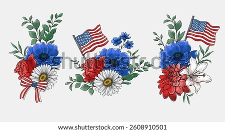 4th of July Flower Design. Independence day Illustrations. US Patriotic colors flower bouquet. US flag design with flowers. 4 July design template. 