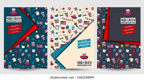 4th of july flyer or posters set. Background for advertisement, flyer, brochure template. Hand drawn doodle cartoon style USA national Independence day decoration concept. Vector illustration.