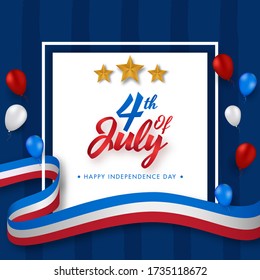 4th Of July Font with Golden Stars, Glossy Balloons and American Flag Wavy Ribbon on Blue Striped Background.