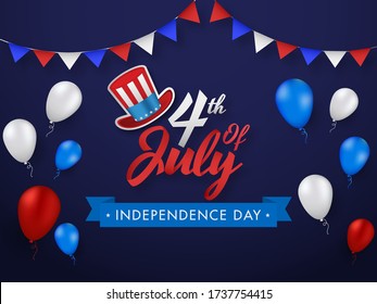 4th Of July Font with Uncle Sam Hat, Glossy Balloons and Bunting Flags Decorated on Purple Background for Independence Day Concept.