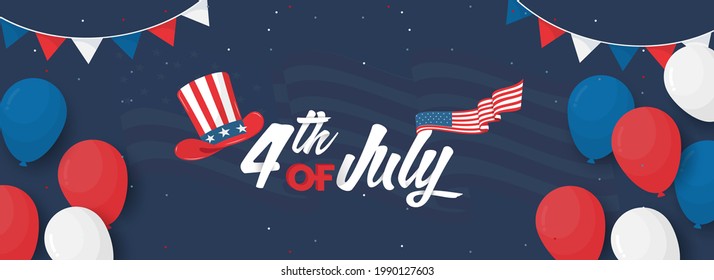 4th Of July Font With Uncle Sam Hat, American Flag, Tricolor Balloons And Bunting Flags On Blue Background.