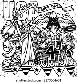 4th of July. Fourth of July doodle set , USA independence day celebration poster . Hand draw doodle background. Vector illustration