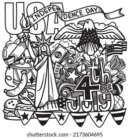 4th of July. Fourth of July doodle set , USA independence day celebration poster . Hand draw doodle background. Vector illustration