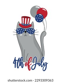 4th of July -  Funny cartoon cat in hat and with balloons. Happy Independence Day, vector design illustration.