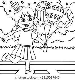 4th of July Girl Holding Balloons Coloring Page