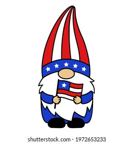 4th of July gnome with flag. Independence Day in the USA. Cartoon vector illustration. Patriotic cute character for greeting cards, printing on T-shirts, mugs. Isolated on white background.
