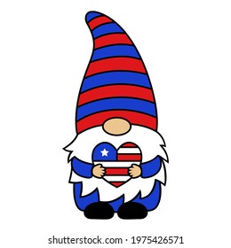 4th of July gnome with heart. Independence Day in the USA. Cartoon vector illustration. Patriotic cute character. For greeting cards, printing on T-shirts, mugs. Isolated on white background.