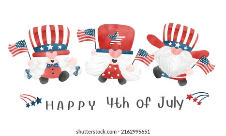 4th of July Gnome Patriotic celebrating America Independence day cartoon watercolor illustration vector