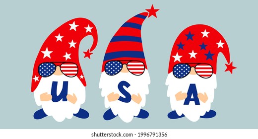 4th of July Gnomes, Patriotic Gnomes, Independence Day. Vector illustration.  Isolated on white background. Good for posters, t shirts, postcards.