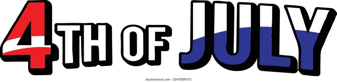 A "4th of July" graphic with bold, shadowed text, where "4" is red with a white curve, and "JULY" is blue with a white top, all against a white background.