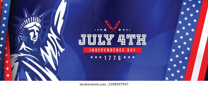 4th of July greeting banner background, banner, template, poster, with the statue of liberty, USA flag ribbon on blue background. Vector illustration.