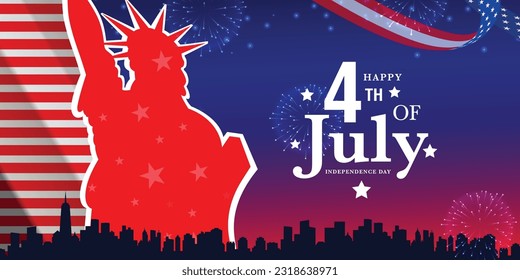 4th of July greeting banner, poster, flyer, background with the statue of liberty, usa pattern, new york skyline, us ribbon on blue background. Vector illustration.