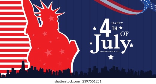 4th of July greeting banner, poster, flyer, background with the statue of liberty, usa pattern, new york skyline, us ribbon on blue background. Vector illustration.
