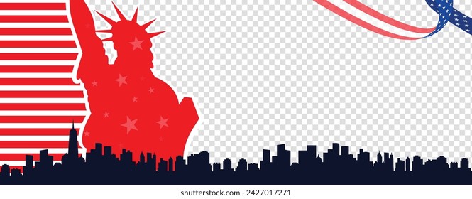 4th of july greeting banner, poster, flyer, background with the statue of liberty, usa pattern, new york skyline, us ribbon on transparent background. Empty, blank, copy space, for text or images.