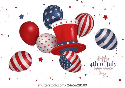 4th of July greeting banner template - Independence Day celebration background with Uncle Sam hat, ornate balloons in colors of American flag and stars. Vector 3d render illustration.