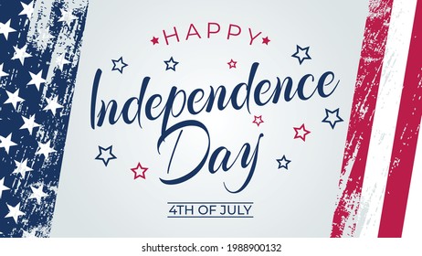 4th of July greeting card with brush stroke background in United States national flag colors and hand lettering text Happy Independence Day. Vector illustration.

