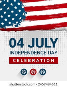 4th of July greeting card with brush stroke background in United States national flag colors and hand lettering text Happy Independence Day. vertical layout design template. Vector illustration.