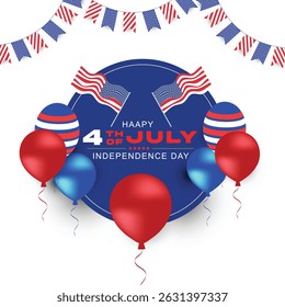 4th of July greeting card design. USA Independence Day celebration with American balloons and flag