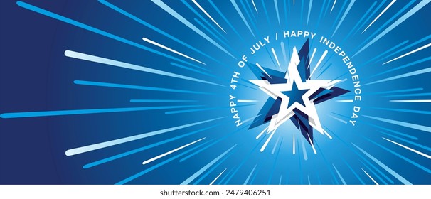 4th of July greeting card. Happy 4th of July USA Independence Day with sparkle firework shapes over blue white USA star vector illustration