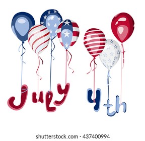 4th of July greeting card. USA Independence Day. Festival balloons with american flag elements. America national celebration vector design.