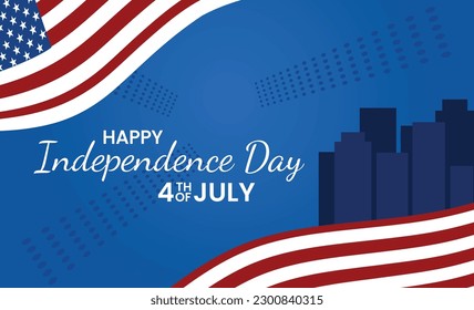 4th of july greeting card with,  hand lettering text Happy Independence Day, united states national flag background and silhouette blue city building. Vector illustration.