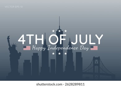 4th of July Greeting Design with Statue of Liberty and American Flags on Gray Background