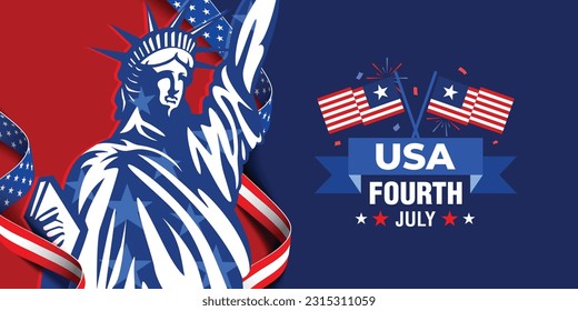 4th of July greeting poster, flyer, banner, template, with the statue of Liberty, USA flag, and American ribbon on red blue background. Vector illustration.