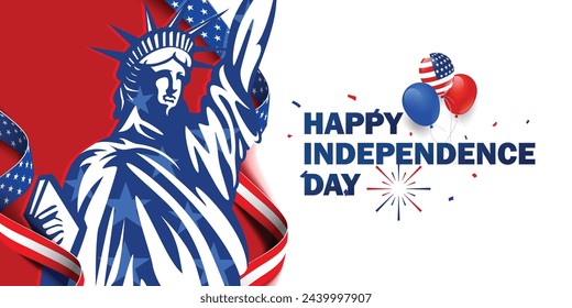 4th of July greeting poster, flyer, banner, template, with the statue of liberty, usa flag balloon, and American ribbon on red white background. Vector illustration.