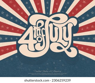 4th of July with groovy hippie typography design on red and blue retro style sunburst background, vector template for banner, flyer, greeting card, poster.