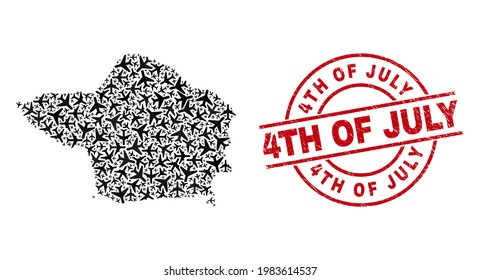 4Th of July grunged stamp, and Faial Island map mosaic of aeroplane elements. Mosaic Faial Island map constructed with aircraft. Red seal with 4Th of July text, and distress rubber texture.