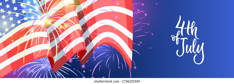 4 de julio, letras caligráficas dibujadas a mano en fondo azul con bandera y fuegos artificiales estadounidenses. Banner horizontal del Día de la Independencia de Estados Unidos con espacio para copiar. Elementos de diseño de vectores