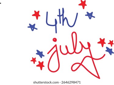 4th July hand drawn text with stars, USA Independence Day doodle , Vector illustration of 4th July hand drawn red text with scattered blue and red stars. Ideal for Independence Day banners, posters, 