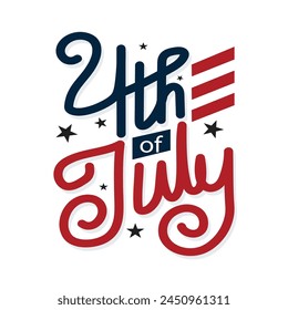 4th of July hand written text vector illustration with red and blue color, stars and USA flag stripes. 4th July American Independence Day. Banner, poster, greeting card. 4th July typography. svg