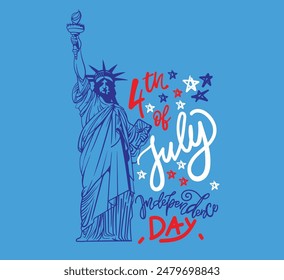 4th of July hand written text vector illustration with red and blue color, stars and USA flag stripes. 4th July American Independence Day. Banner, poster, greeting card. 4th July typography.