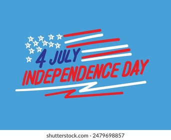 4th of July hand written text vector illustration with red and blue color, stars and USA flag stripes. 4th July American Independence Day. Banner, poster, greeting card. 4th July typography.