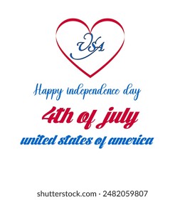 4th of July hand written text vector illustration with red and blue color, stars and USA with heart shape 4th July American Independence Day. Banner, poster, greeting card. 4th July typography.