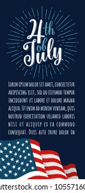 4th of July handwriting lettering with firework and american flag. Vintage hand drawn calligraphy for vertical poster, greeting card and banner independence day. Isolated on dark background.