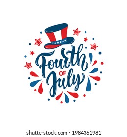4th of July handwritten text isolated on white background. Vector illustration of uncle Sam hat, stars. Modern brush ink calligraphy, lettering for Independence Day in USA for greeting card, banner