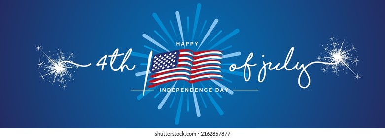 4th of july handwritten typography happy Independence day firework US abstract wavy flag blue background banner