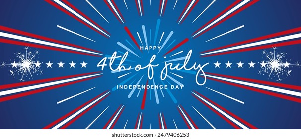 4th of July handwritten typography. Happy USA independence day with stars and blue white red glitter firework on blue background