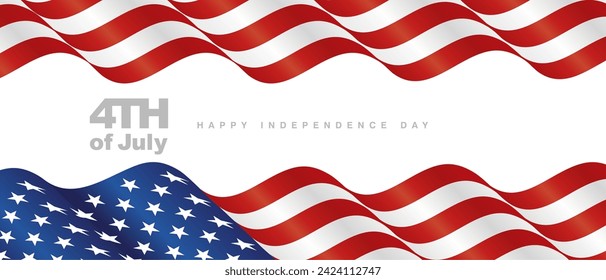 4th July Happy Independece Day banner. USA blue white red waving flag ribbon on white background