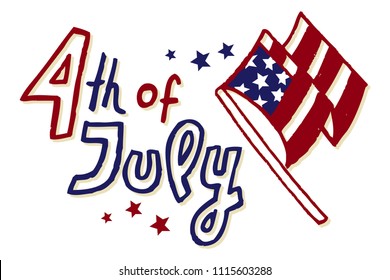 4th July Happy Independence Day hand drawn text with united states of america flag colors. 